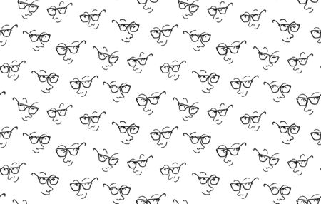 Funny characters faces with expressions in glasses seamless pattern, Hand drawn vector illustration, in black and white colorsのイラスト素材