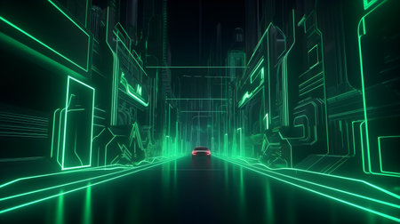 Futuristic road floor with 80s vibe in green theme, Futuristic cyber theme neon line city scape, buildings and architecture in green colour, 3d Holographic city in Virtual realityの素材