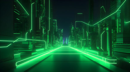 Futuristic cityscape in virtual reality concept in green theme, Abstract neon line street background, Abstract Cyber Road Neon Background made with green neon lines, Green neon BGの素材