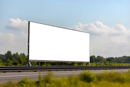 Empty roadside billboard on motorway, Blank advertisement board for marketing posters or banners, Marketing banner ad space on motorway or highway, generative aiの素材
