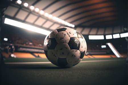 Cinematic soccer ball close up in stadium on gameday during live match, generative ai, Football background with bokeh background in stadium during matchの素材