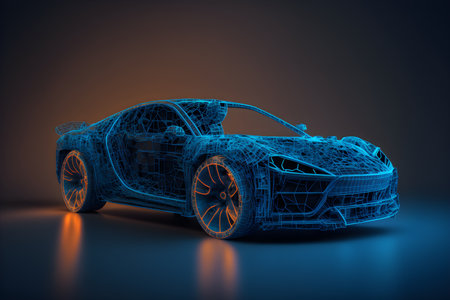 Futuristic AR car technology concept with wireframe intersection, generative ai, Wireframe of modern car with hi tech user interface in augmented reality or ARの素材