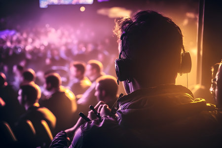 Back view of Esport gamer in gaming arena at Global esport championship event ,esport gaming background, generative aiの素材