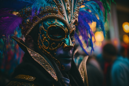 Traditional face mask on face of man on Mardi Gras Masquerade Party, generative ai, Exciting Celebrations and Festive Traditionsの素材