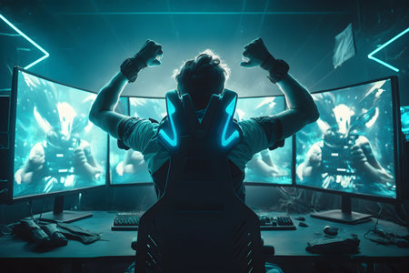 Yes gesture by victorious E-Sports player in neon-lit room, digital illustration of an imaginary person , generative ai, Professional esport player happy moment after game winの素材