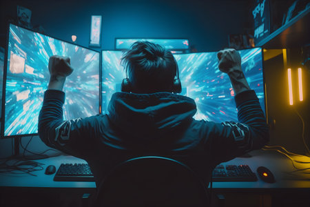 Pro gamer triumphs in online tournament, neon lights lit background, generative ai digital illustration of an imaginary personの素材