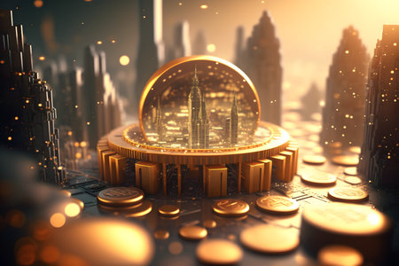 Gold Bicoin city , Skycrapers buildings on bitcoin with blurred building background, A Futuristic Financial Hub of the Virtual World, Rise of Bitcoin with Futuristic Cityscapeの素材