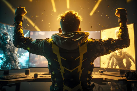 Professional esport gamer celebrating win in front of computer screen, professional esport gamer sitting in gaming room enjoying victory in match, generative ai imaginary personの素材