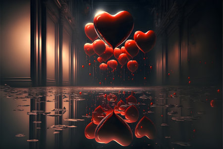 Beautiful couple of red hearts filled with water flying on the rain water on road, hearts flying reflection in water, Happy valentines day, valentines wallpaper concept with heartsの素材