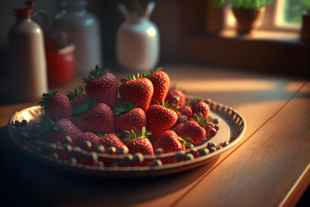 Fresh and juicy Strawberry in heart shape placed for breakfast. generative ai, Close up strawberries in plate on wooden table. side viewの素材