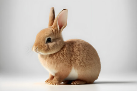 Cute white and brown rabbit sitting infront of t isolated plain white backgroundの素材