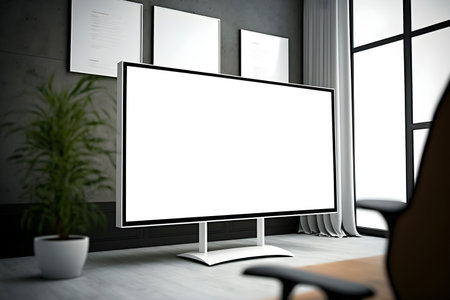 Blank white wide LED screen mockup in office environment, empty space for advertisement, Modern open plan office space interior generative ai, LED tv white screen in business roomの素材