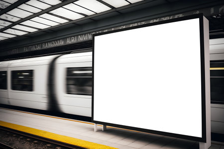Empty space billboard at underground train station, empty space for ad banner with train moving in background, empty billboard near underground train stationの素材