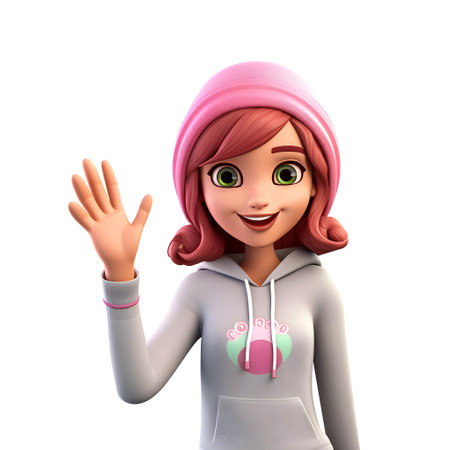 3D Render of Happy Girl with Pink Cap Saying Hi, Positive Greeting and Joyful Expression, 3d render...