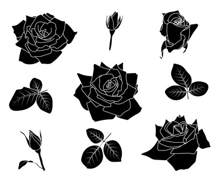 Roses black solid shapes collection. Pointed petals. Simple floral shapes design elements. Black line contour, isolated. Coloring book page, line art, Valentineのイラスト素材