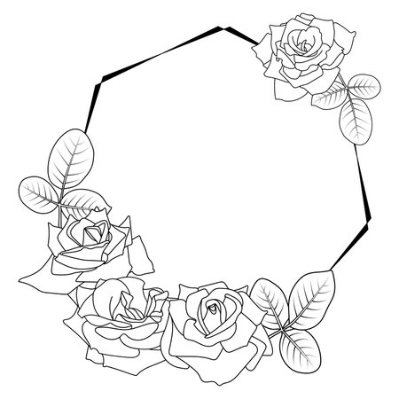 Geometric floral frame. Rose composition with hexagon shape. Buds, leaves, outline silhouettes. Design art element, suitable for Valentine, wedding, cards, invitationsのイラスト素材