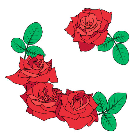 Roses bouquet composition. Simple color, red, pink, green, black contour. Design element for Valentines, wedding, anniversary. Suitable for web, print, decor, cards, invitationsのイラスト素材