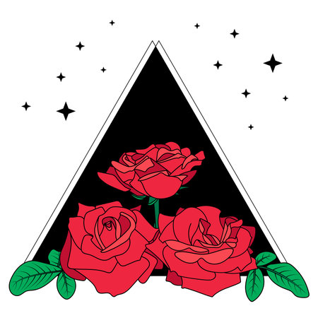Floral aesthetic composition. Rose bouquet, flowers and leaves, triangle, stars. Red, pink, green, simple colors, black contour, isolated  element. Valentine, wedding, web, printのイラスト素材