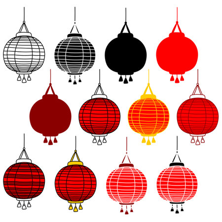 Red Paper Lantern. Simple colors and silhouettes, various variations. Traditional round lamp, Lunar New Year, street festival. Asian, oriental, design art elements.のイラスト素材