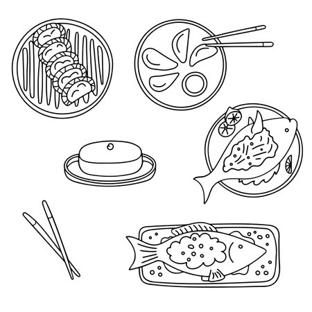 Traditional Chinese New Year Food. Fish Yu, dumplings Jau gok, Jiaozi, rice cake Niangao. Black contour isolated on a white background. Web and digital design icons, cards, coloring pages book, menusのイラスト素材
