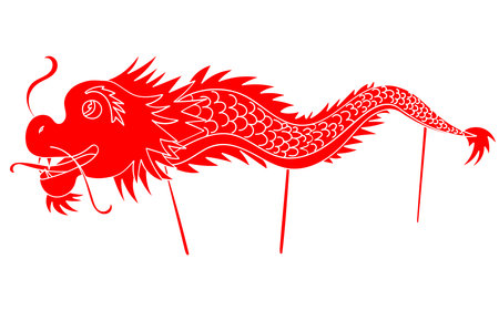 Traditional Chinese dragon dance. Red solid silhouette shape. Lunar New Year celebration, street festival. Design element for web and digital design, print, stickers, invitations, cards, logos,postersのイラスト素材