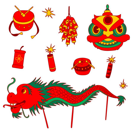 Traditional Chinese street festival. Lunar New Year celebration set. Dragon dance, lion dance, drums, firecrackers. Simple color, doodle contour, clip art collection. Web, print, cards, stickersのイラスト素材