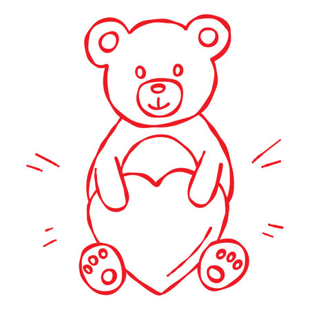 A cute teddy bear holding a heart. Doodle style hand drawn illustration. Love-themed gifts, web and digital designs, Valentines, weddings, anniversaries, greeting cards, prints, invitations, stickersのイラスト素材
