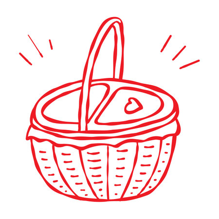 Love themed hand drawn picnic basket. Red line doodle contour isolated on a white background. Valentines Day, weddings, anniversaries, greeting cards, stickers, prints, web, decorのイラスト素材