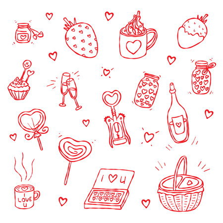 Love picnic hand-drawn doodle set. Hand-drawn red contour elements isolated on a white background. Romantic love themed designs, Valentines Day, greeting cards, web, blog, prints, menusのイラスト素材