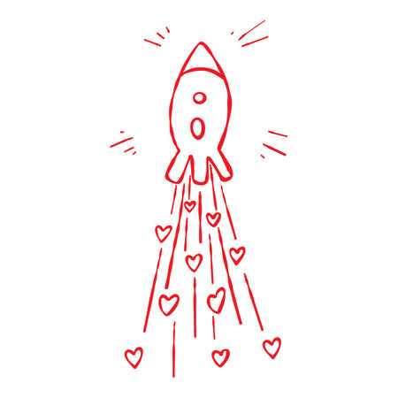 A sky rocket with hearts trail. Hand-drawn red contour elements isolated on a white background. Romantic love themed designs, Valentines Day, cards, web, blog, prints, postersのイラスト素材