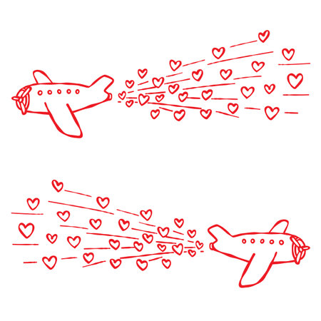 Airplane with hearts trailing behind. Hand-drawn red contour elements isolated on a white background. Romantic love themed designs, Valentines Day, travelling, honeymoon, cards, web, blog, printsのイラスト素材