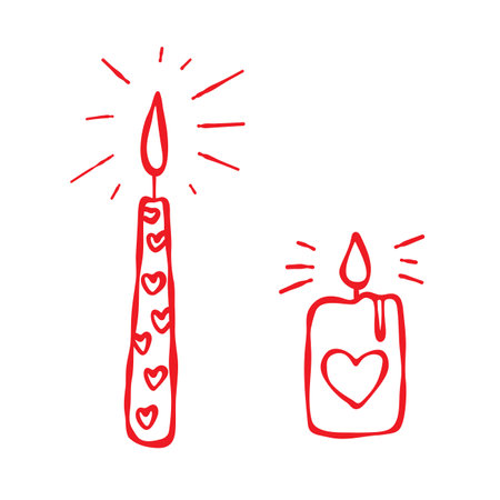 Candle set. Red line, white background. Hand drawn doodle style. Love themed illustration for Valentine, anniversaries, weddings, stickers, web, blogs, greeting cards, decor and moreのイラスト素材
