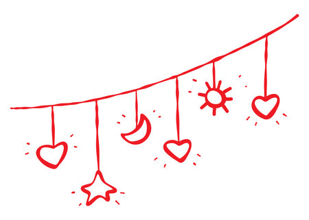 Doodle hand-drawn garland. Heart, moon, sun, star. Love themed contour element, red line isolated on a white background. Valentine, wedding, anniversary, decor, web, blog design, greeting cardsのイラスト素材