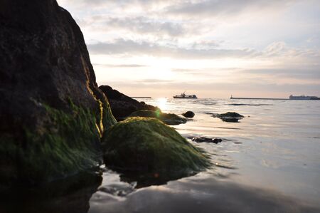 sunset sea in the bayの写真素材