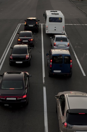 Evening traffic jam on a road in Kievの写真素材