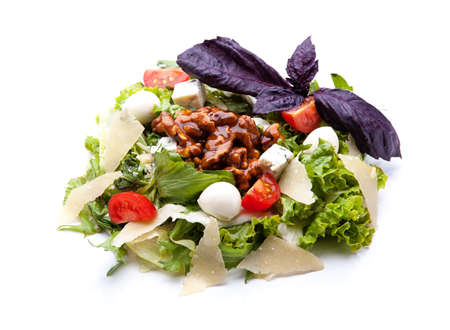 green leaf lettuce with cheese and tomatoes on white backgroundの写真素材