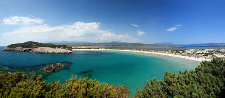 Panoramic view of Voidokilia beach, Gialova beach and lagoon and Pylos in Peloponnese, Greeceの写真素材