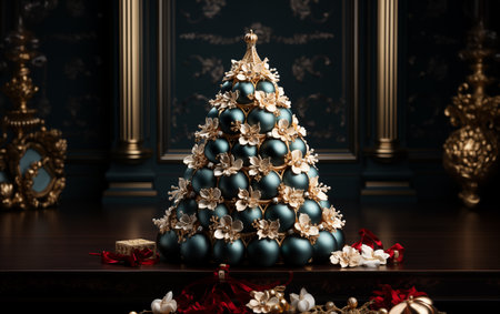 Christmas tree with gold decorations in the style of dark greenの素材
