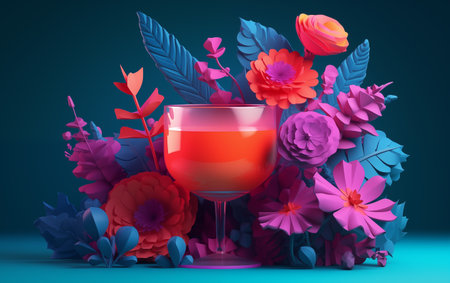 Cocktail with flowers and leaves. Blue background.の素材