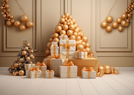 Christmas tree with golden balls and gift boxesの素材