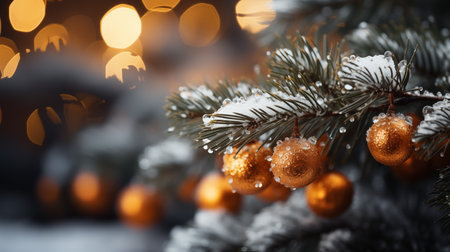 Christmas tree branch with golden balls and snow on bokeh backgroundの素材