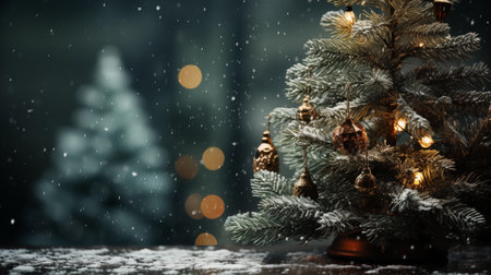 Christmas decoration with fir tree and bokeh lights on dark backgroundの素材