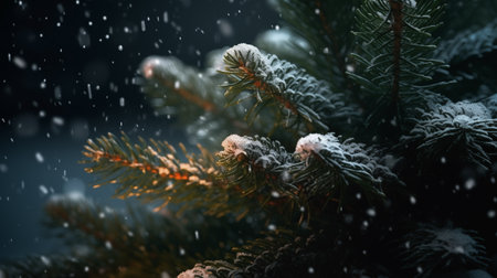 Fir branches covered with snow. Christmas and New Year background.の素材