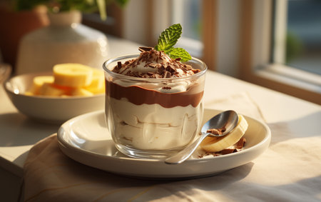 Delicious tiramisu in glass cup on table, closeupの素材