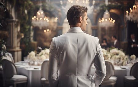 Rear view of a handsome young man in a white suit standing in a restaurant.の素材