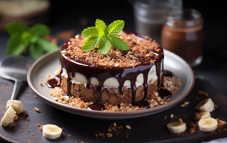 Chocolate cake with banana and caramel sauce on a dark background.の素材