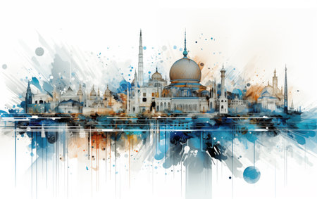 Blue mosque in Istanbul, Turkey. Abstract watercolor background. Vector illustration.の素材