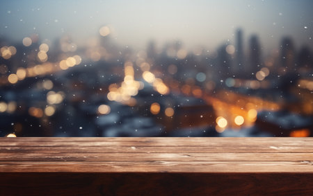 Wood table top on blurred city background - can be used for display or montage your productsの素材