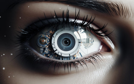 Close up of female eye with digital clock mechanism.の素材