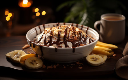 Bowl of chocolate pudding with banana slices and coffee on wooden tableの素材